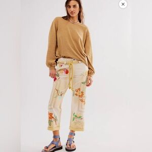 Free People Cream Floral Cropped Pants